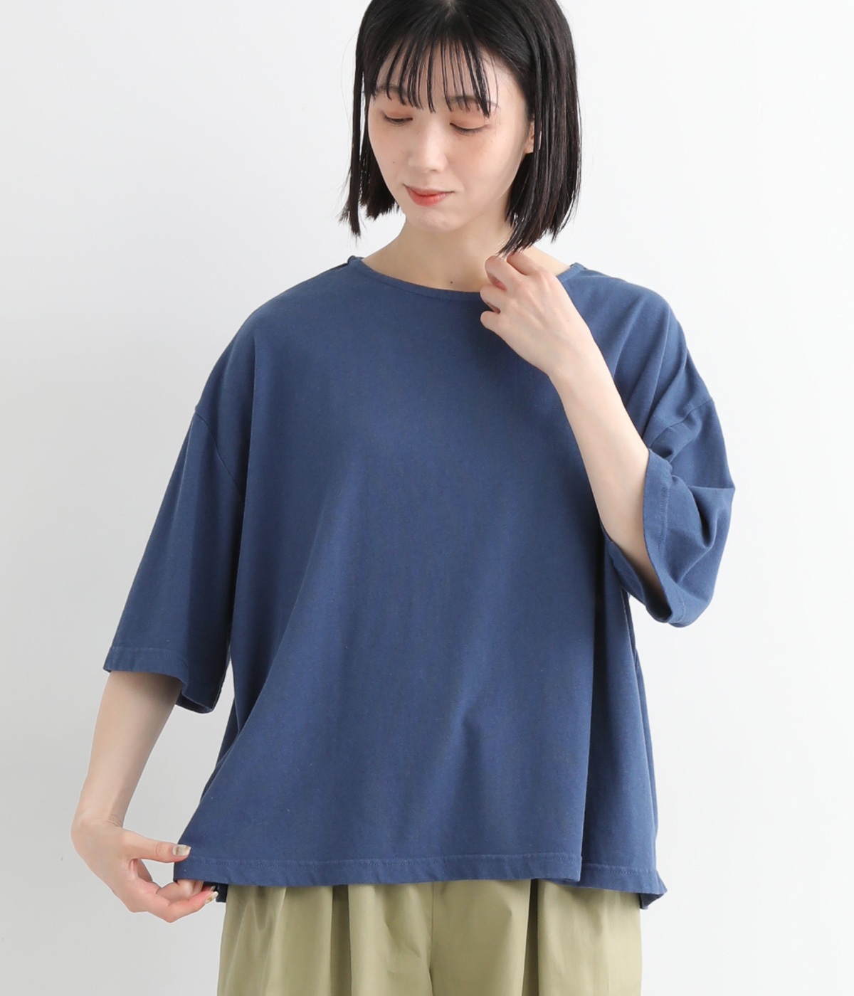 コットンリネンカットソーワイドＴシャツ(ブルー-ONESIZE)