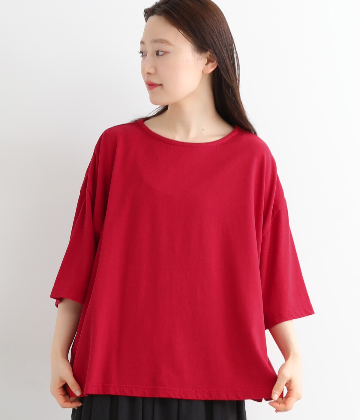コットンリネンカットソーワイドＴシャツ(レッド-ONESIZE)