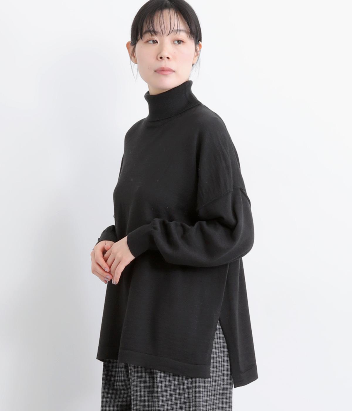 ウォッシャブル　アクリルウールニットタートルネックプルオーバー(ブラック-F)