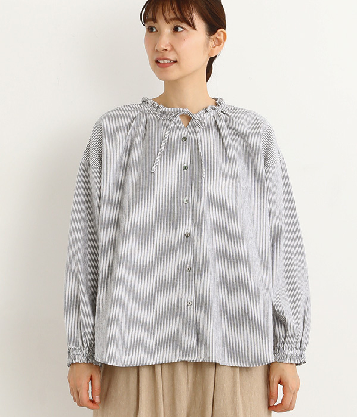 コットンリネン　フリルリボンブラウス(ストライプ-ONESIZE)