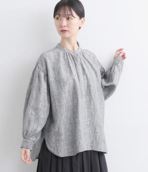 リネンチェック&ストライプギャザーシャツ