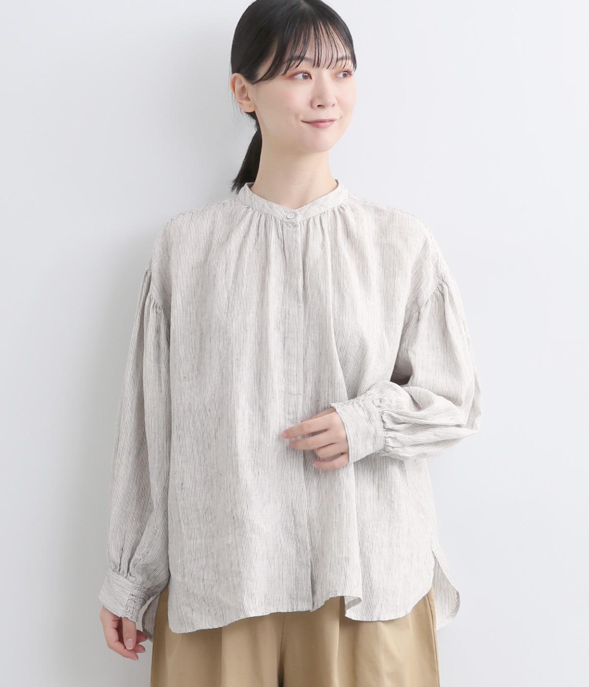 リネンチェック&ストライプギャザーシャツ(ホワイト-F)