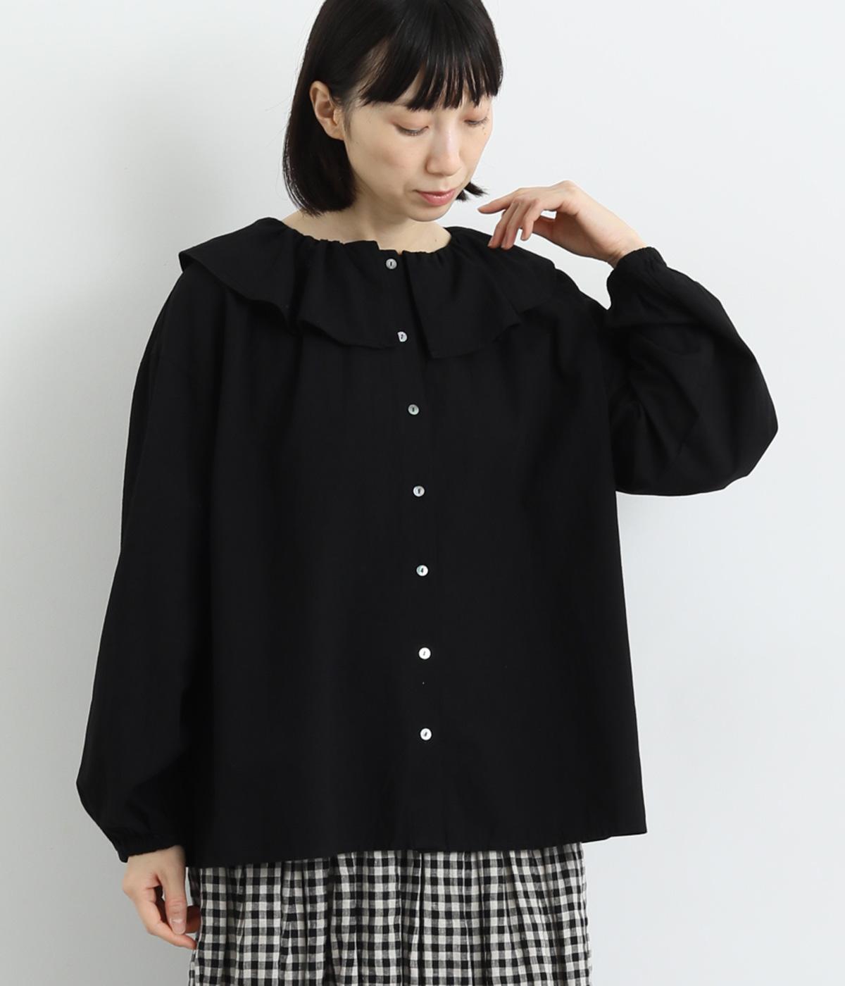 ウォッシャーブロードクロスフリルカラーブラウス(ブラック-F)