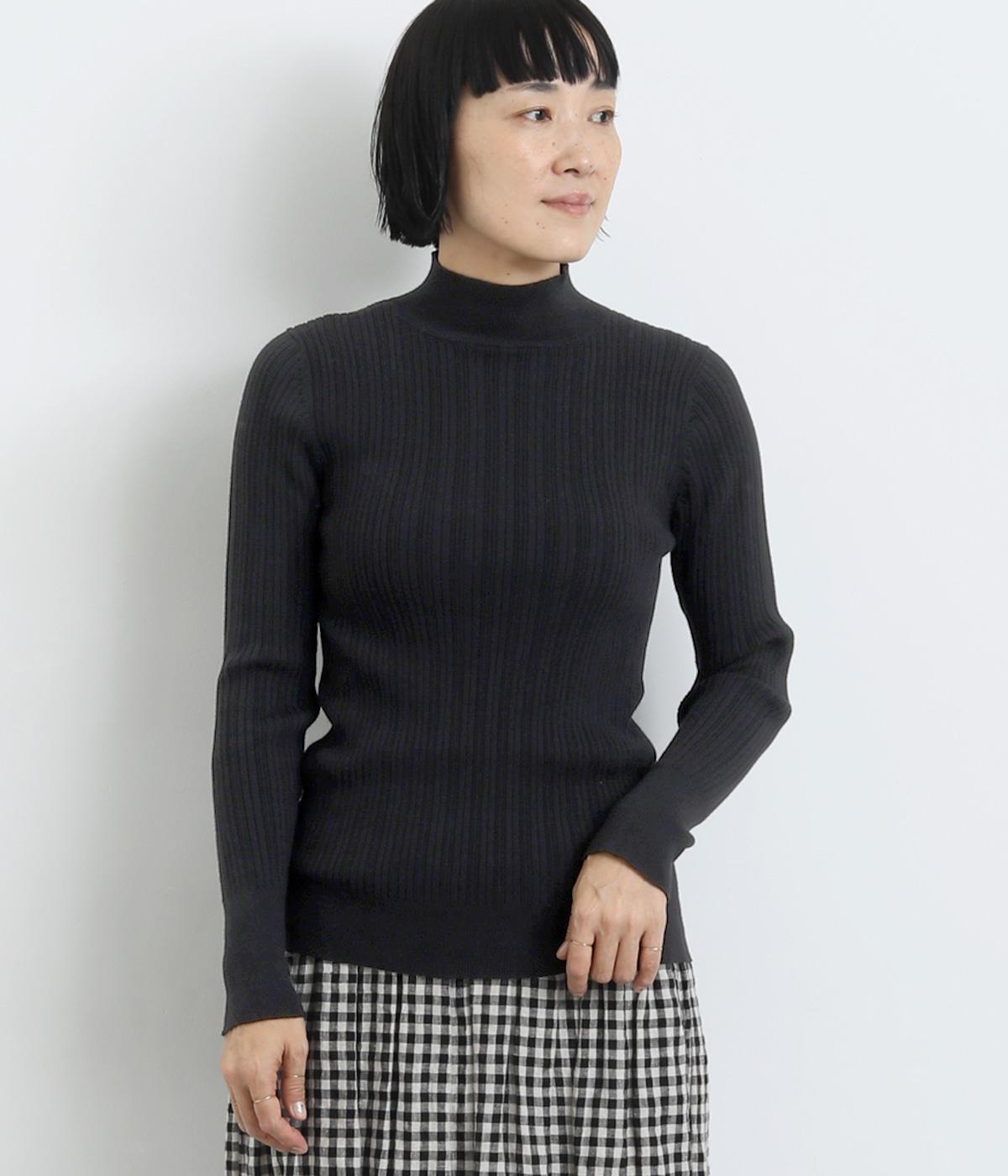 ランダムリブニットモックネックプルオーバー(ブラック-F)