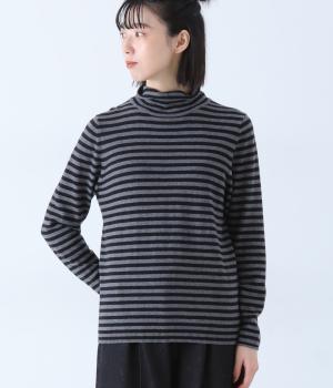ウォッシャブル　コットンカシミヤニットタートルプルオーバー(グレー×ブラック-F)