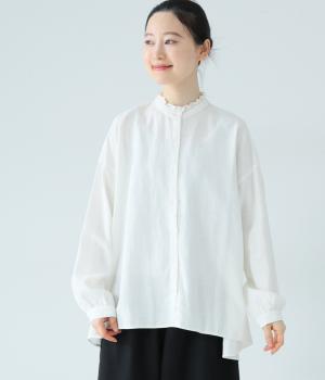 コットンリネンフリルネックブラウス