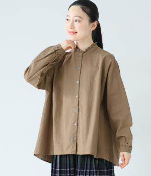 コットンリネンフリルネックブラウス(カーキ-F)