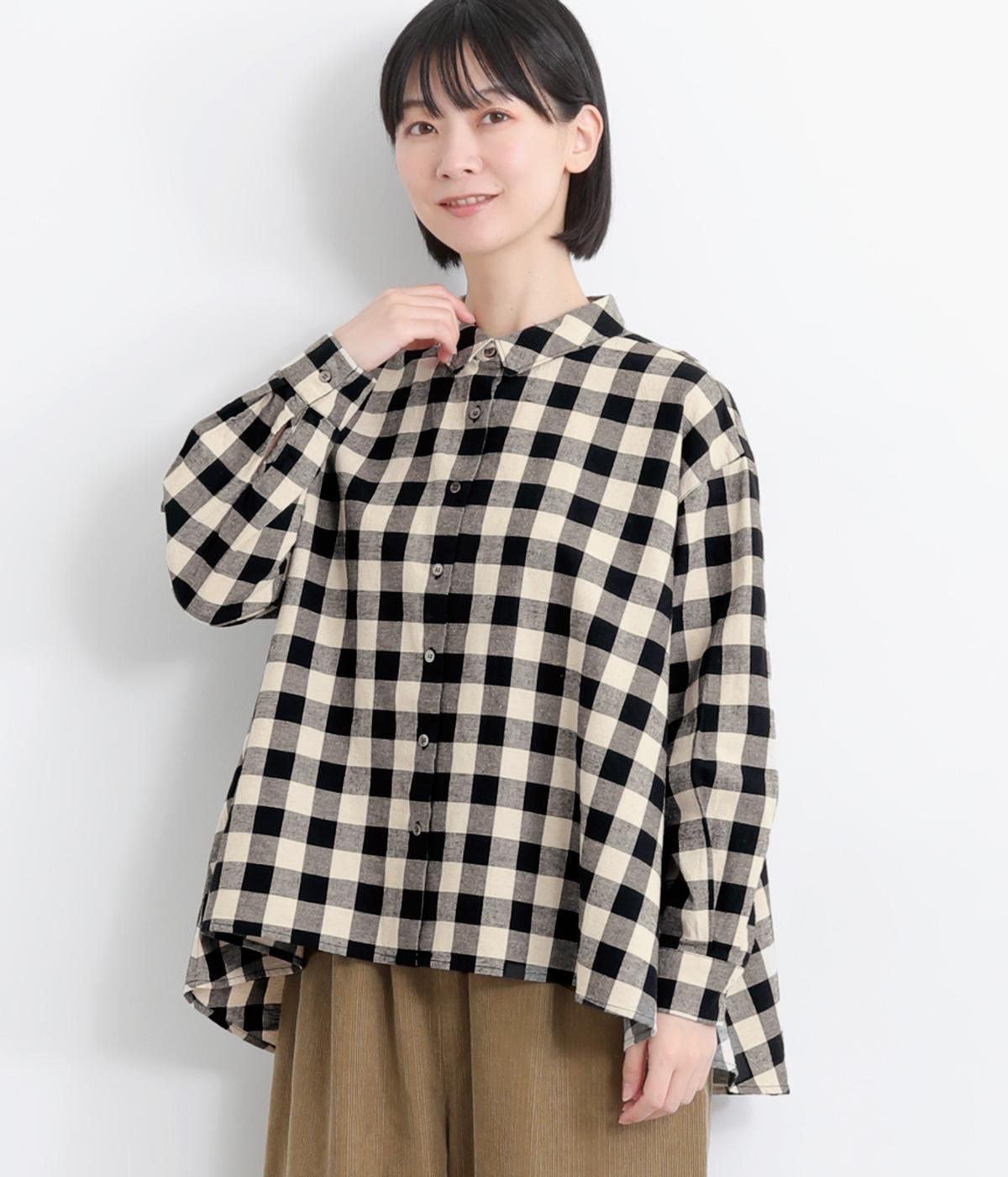 コットンリネンチェックAラインシャツ(ブロックチェック-F)