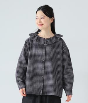 コットンリネンチェックラウンドカラーブラウス(チェック-F)