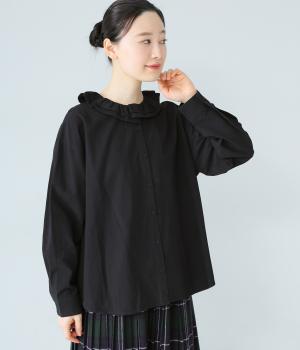コットンワッシャーフリルカラーブラウス(ブラック-F)