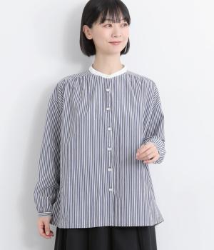 コットンワッシャーストライプクレリックブラウス