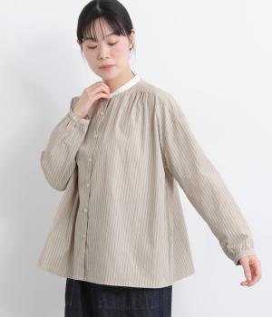 コットンワッシャーストライプクレリックブラウス(ベージュ-F)