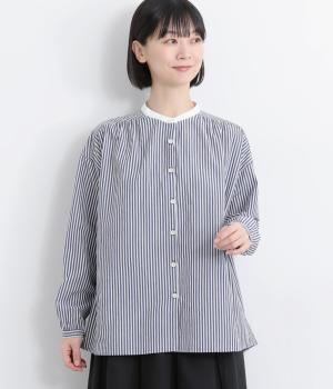 コットンワッシャーストライプクレリックブラウス(ブルー-F)