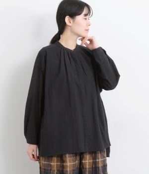 コットンリネンバンドカラーワイドシャツ(ブラック-F)