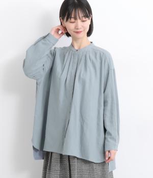 コットンリネンバンドカラーワイドシャツ(スモークブルー-F)