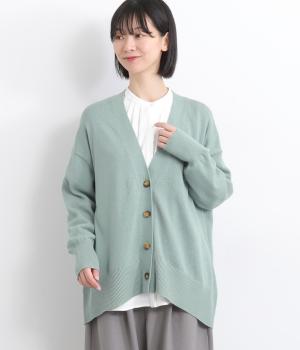 コットンカシミヤＶネックカーディガン(スモークブルー-F)