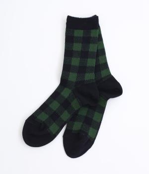 コットンウールジャカードチェックソックス(グリーン-F)