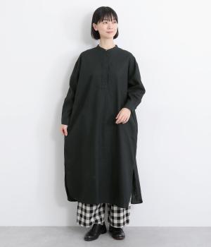 コットンリネンバンドカラープルオーバーワンピース(ブラック-F)