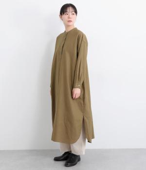 コットンリネンバンドカラープルオーバーワンピース(カーキ-F)