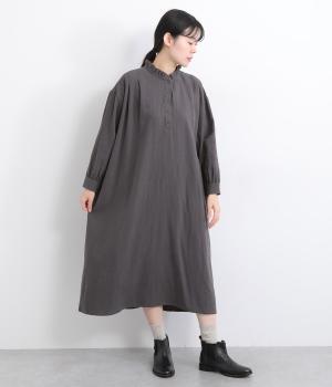 コットンリネンフリルネックプルオーバーワンピース
