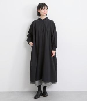 コットンリネンフリルネックプルオーバーワンピース(ブラック-F)