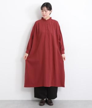 コットンリネンフリルネックプルオーバーワンピース(ボルドー-F)
