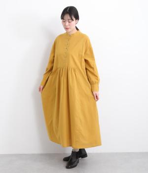 ブラッシュドコットンバンドカラープルオーバーワンピース(マスタード-F)