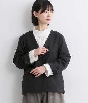 ウールライクポリエステルツイルノーカラージャケット(ブラック-F)