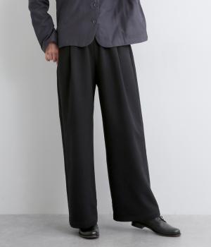 ウールライクポリエステルツイルイージーワイドパンツ(ブラック-F)