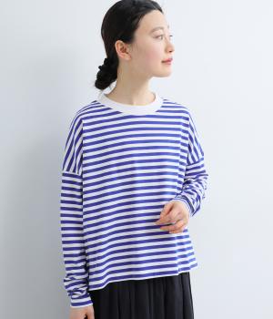 先染40/2天竺ボーダープルオーバー(オフ×ブルー-F)