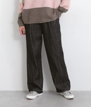 10ozムラ糸デニムワンタックテーパードパンツ(ブラック-F)