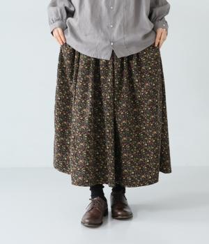 コール天プリントコーデュロイフラワーギャザースカート(ネイビー-F)