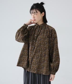 コール天プリントコーデュロイフラワーギャザーブラウス