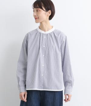 ブロードストライプスタンドカラークレリックシャツ