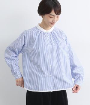 ブロードストライプスタンドカラークレリックシャツ(ブルー-F)