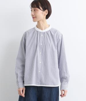 ブロードストライプスタンドカラークレリックシャツ(ネイビー-F)