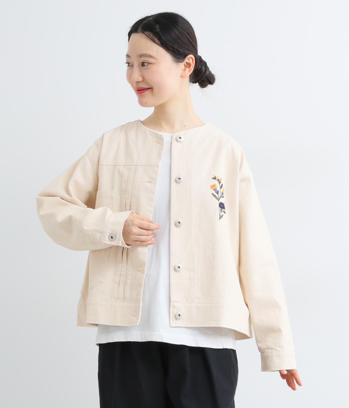 8ozデニムツイルお花刺繍Gジャン(アイボリー-F)