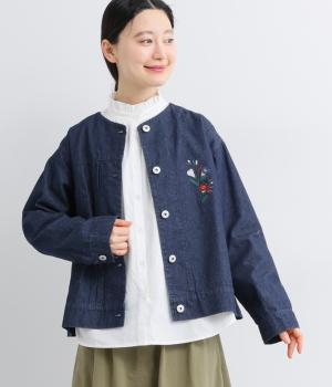8ozデニムツイルお花刺繍Gジャン(インディゴ-F)