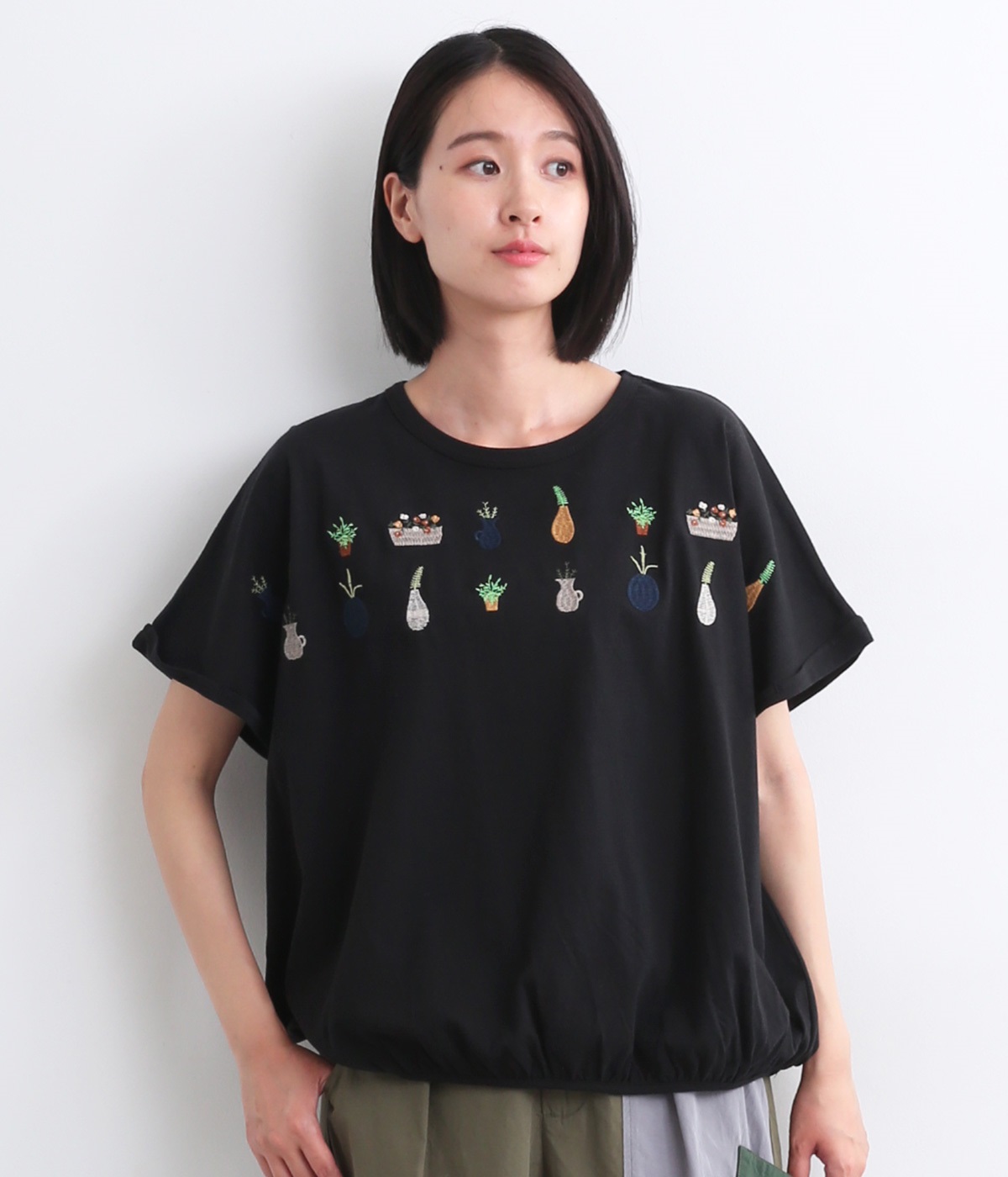 裾ギャザー植木刺ドルマンTシャツ