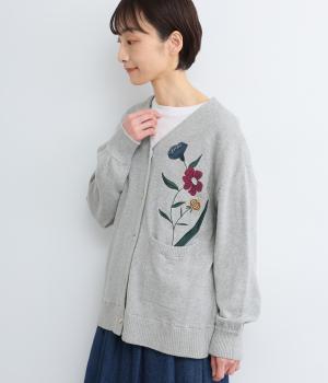 コットンニット植木鉢花刺繍カーディガン