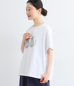 コットン天竺2匹のねこ刺繍Tシャツ