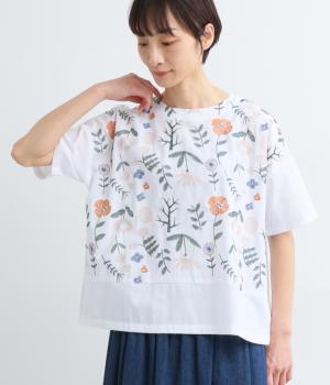 シャンブレーお花刺繍切替えブラウス(ホワイト-F)