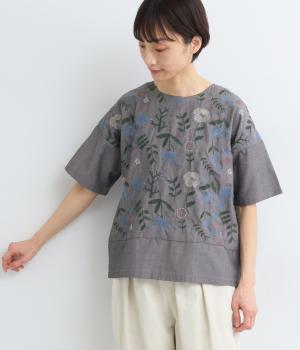 シャンブレーお花刺繍切替えブラウス(ブラック-F)