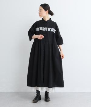 コットンローン花刺繍ワンピース(ブラック-F)