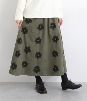 太畝ツイル大柄花刺繍スカート(カーキ-F)