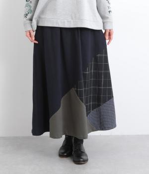 起毛コットン布帛アシンメトリー切替えスカート(ネイビー-F)