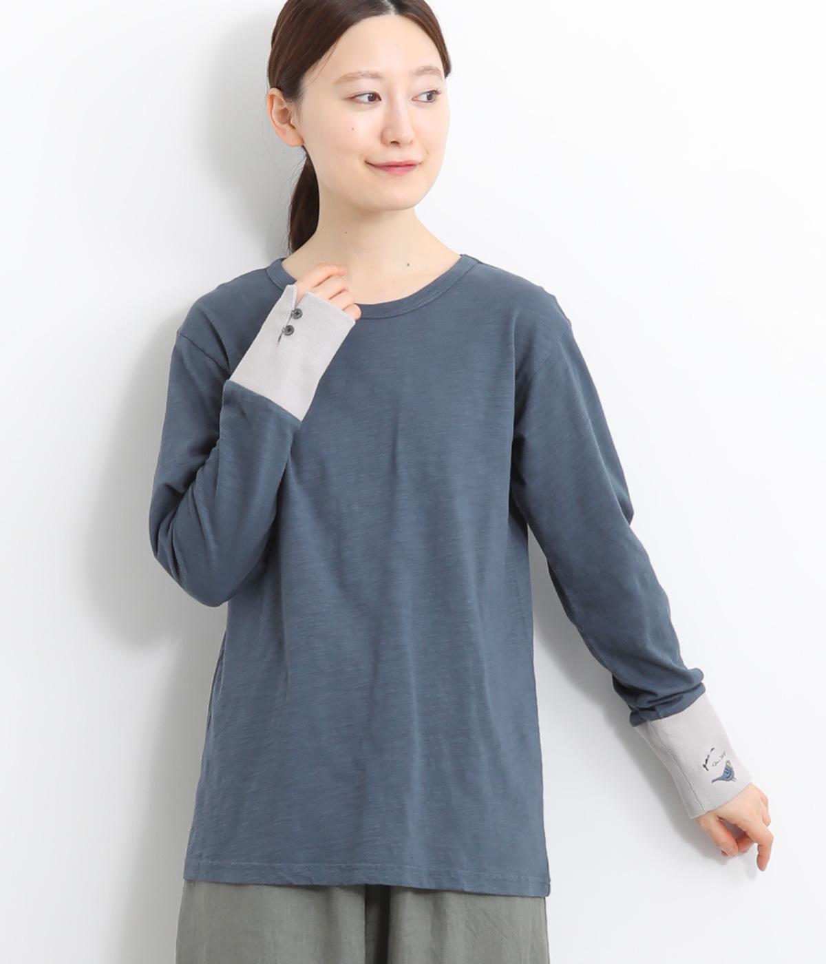 リブ切替え刺繍ロングスリーブ(ブルー-F)