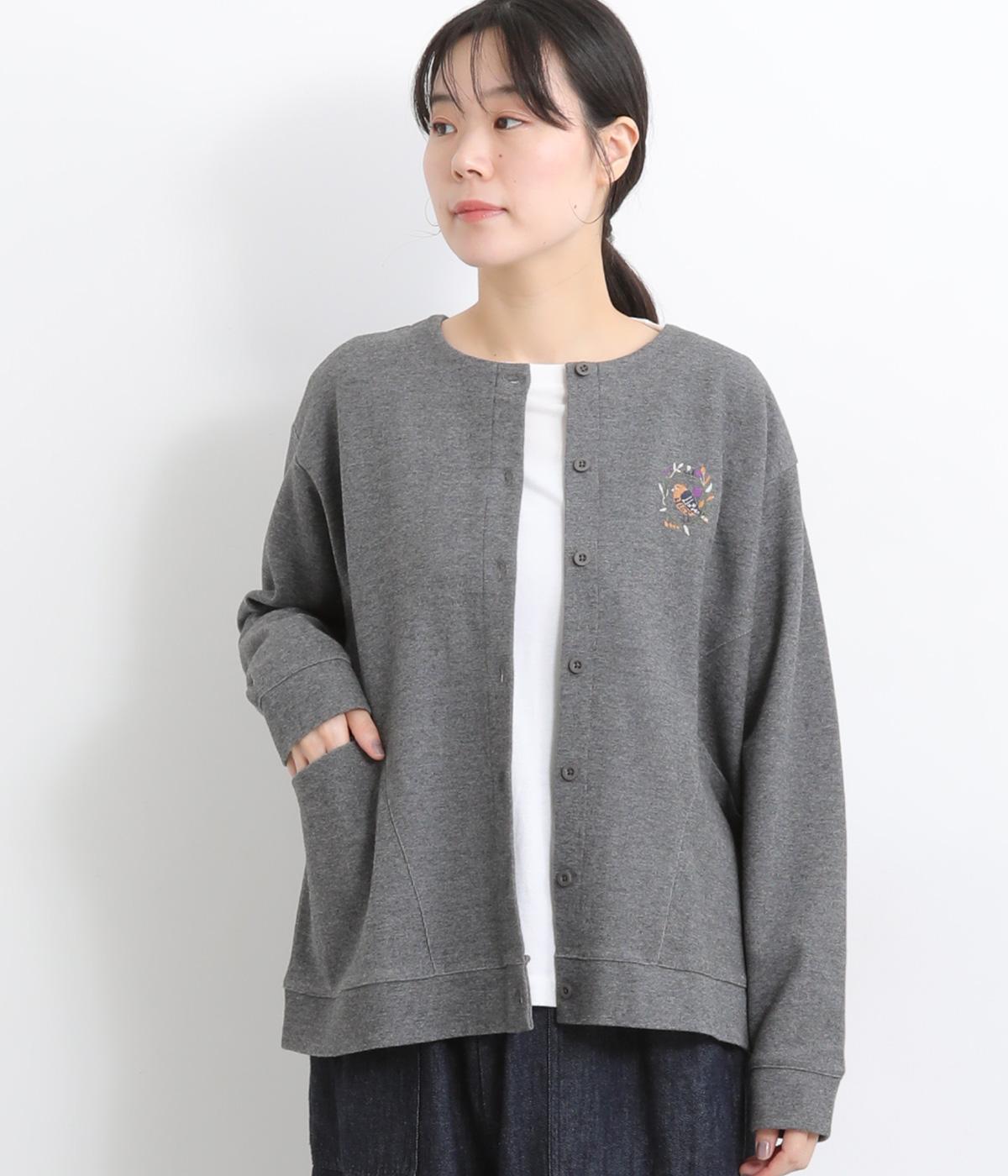 トリ刺繍切替えカーディガン(Mグレー-F)