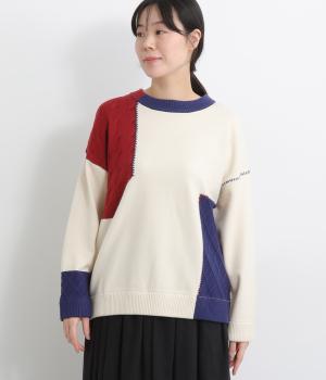 ケーブル編み配色プルオーバー(アイボリー-F)