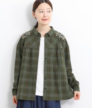 木の実刺繍ギャザーシャツ(カーキ-F)